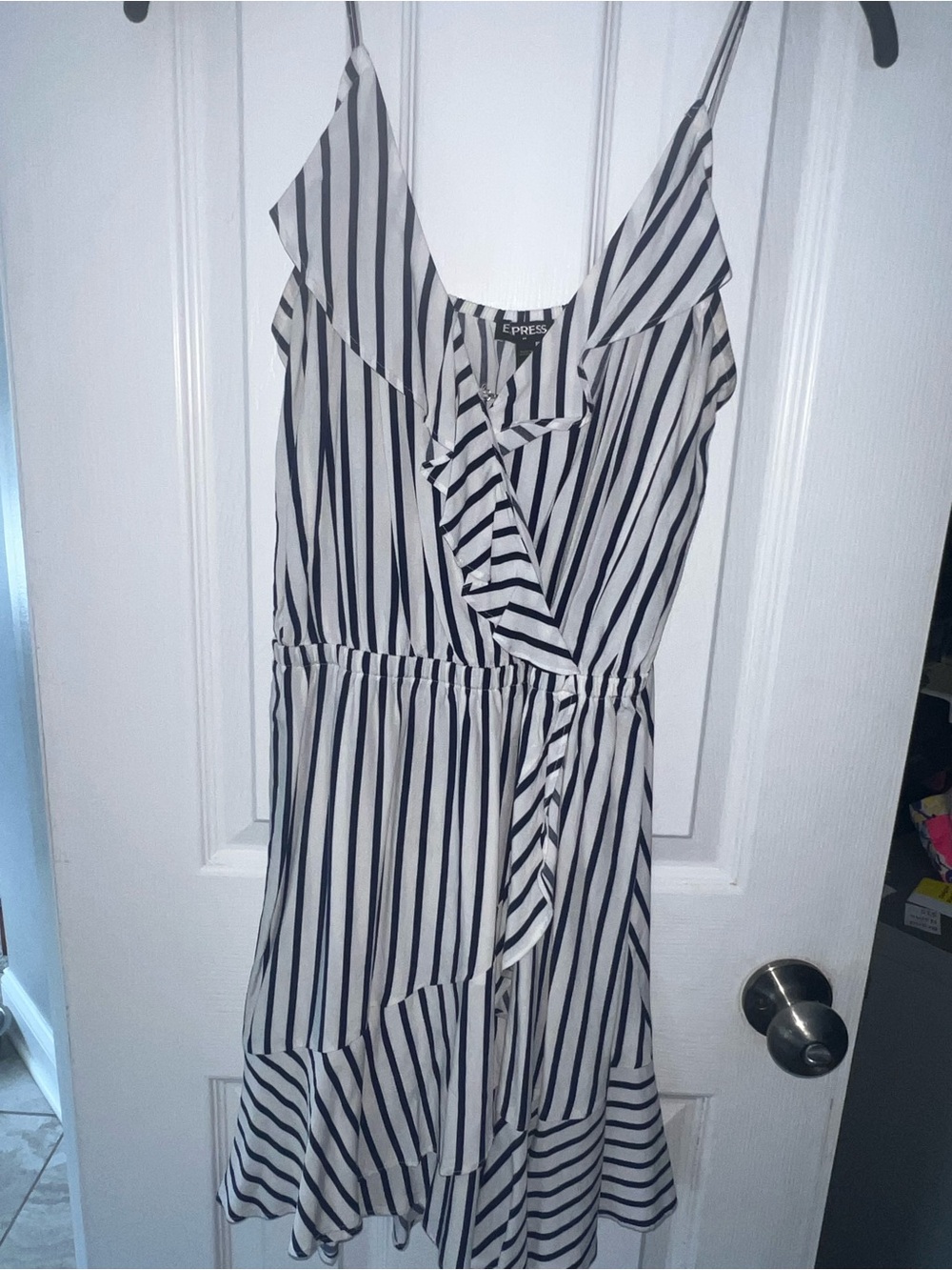 Express Navy blue and White Striped Ruffle Wrap Mini Dress.